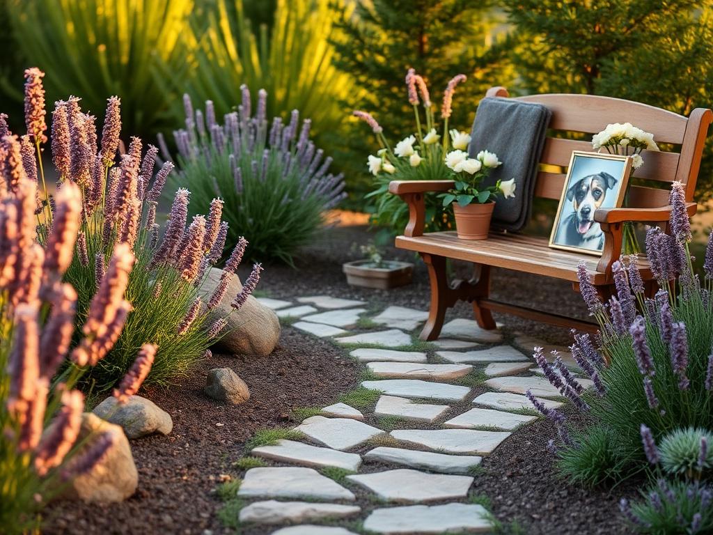 A peaceful memorial garden with flowers and a framed photo