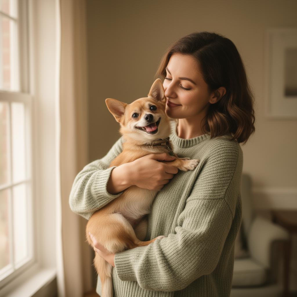 A pet parent lovingly holding their small dog